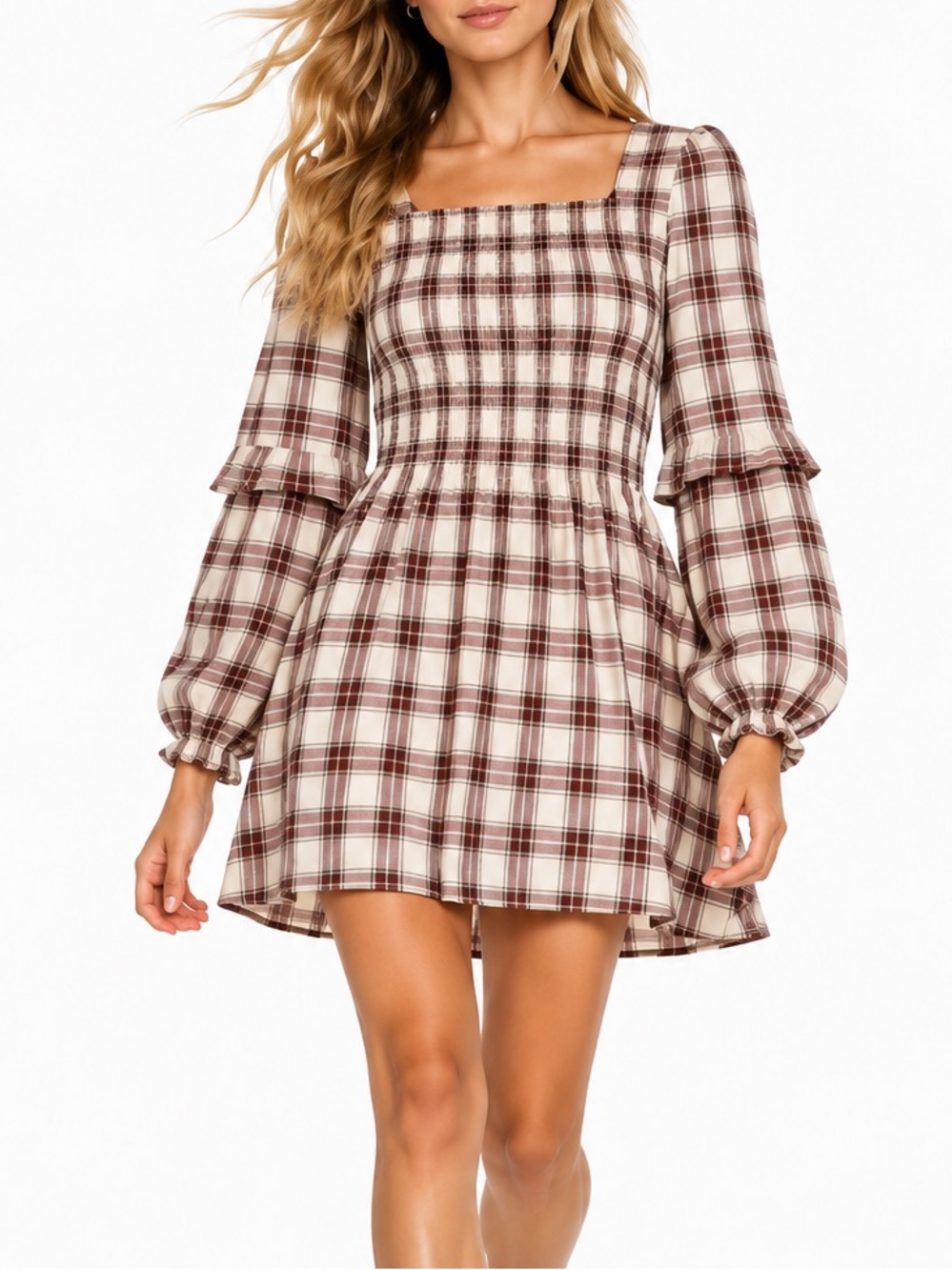 American Eagle 100% Cotton Plaid Smocked Mini Dress in Cream, Brown & Burgundy